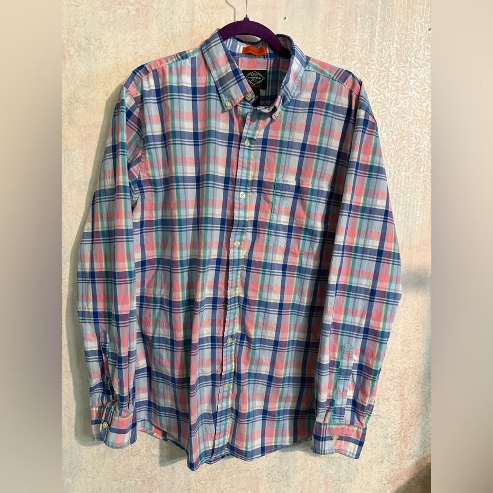 St. John’s Bay Blue & Pink Plaid Button-Down Comfort Stretch Shirt, 100% Cotton
